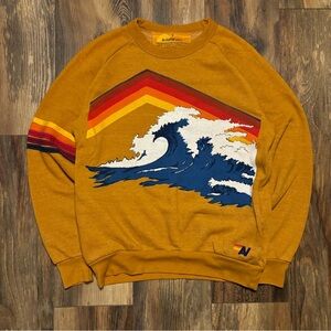 Aviator Nation Mustard Crewneck Sweater with Wave Design. Unisex